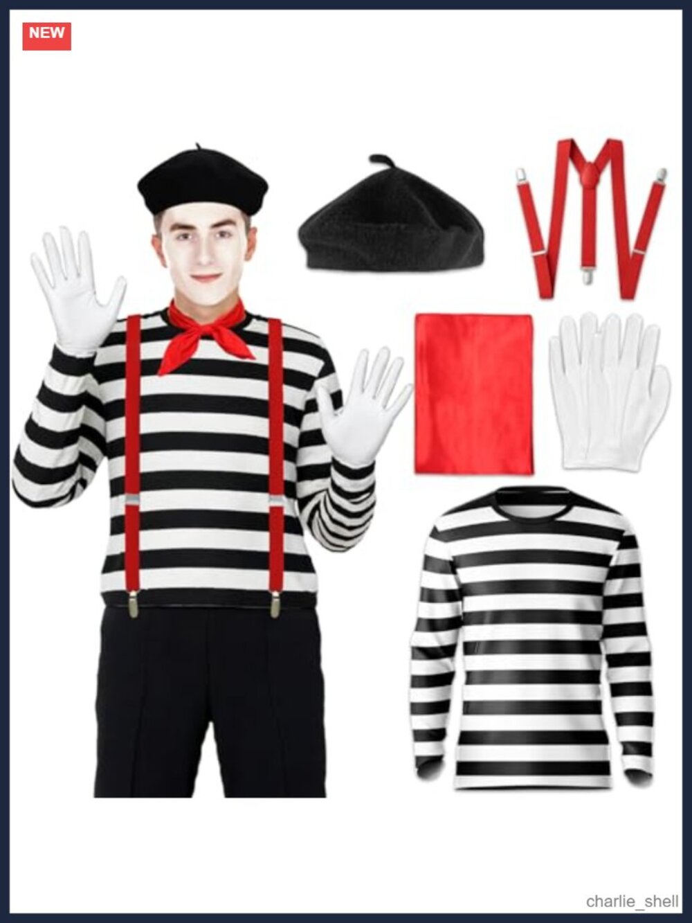 Mime Costume Men 5Pcs French Artist Halloween Cosplay Set